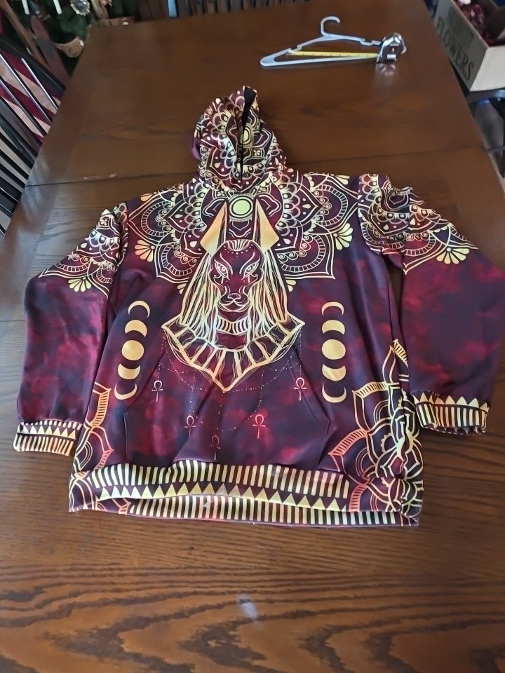 DYKHMILY UNISEX RED/GOLD ANUBIS ANCIENT EGYPT PATTERN HOODIE PULLOVER Large Read