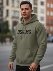 “US(EGA)MC” Marine Corps Hooded Sweatshirt in Military Green – Adult SML to 5XL