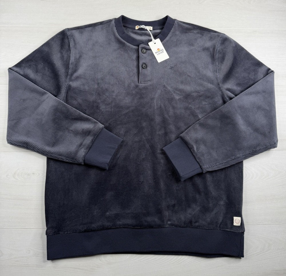 Marine Layer Velour Corduroy Henley India Ink Sweater Blue Stretch Men M $98 NWT