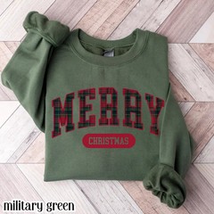 Merry Christmas Sweatshirt Tartan Plaid Holiday Festive Apparel
