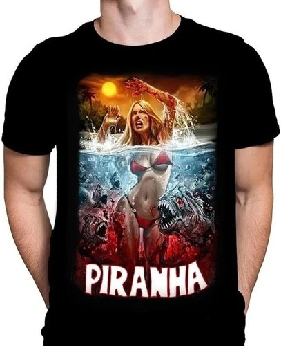 Piranha Mens T Shirt Gothic Horror Print Black Cotton Movie Poster Tee