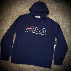 New FILA HOODIE navy blue red white classic spellout logo adult MENS LARGE nwt