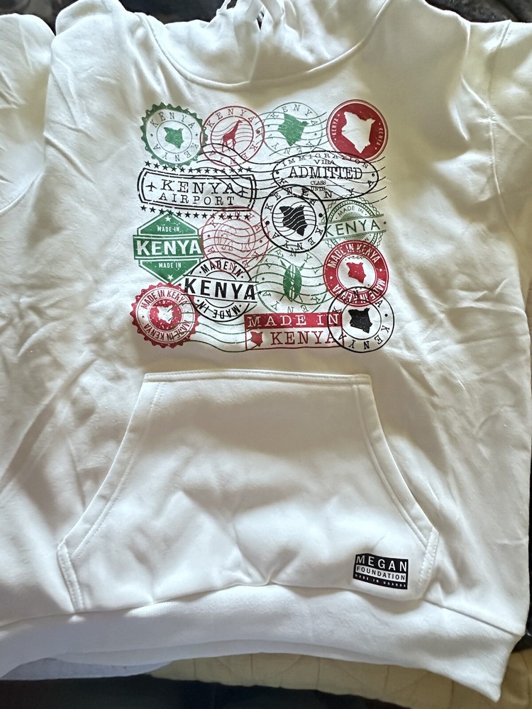 Beautiful Kenya Off-White Hoodie With Passport Stamps And Flag On Sleeve Medium