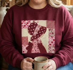 Retro Valentines Sun Bonnet Quilt Style Sweatshirt Folk Art Pullover