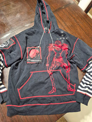 Teens S Black Pullover Hoodie Gothic Graphic Print Red/White Striped Sleeves