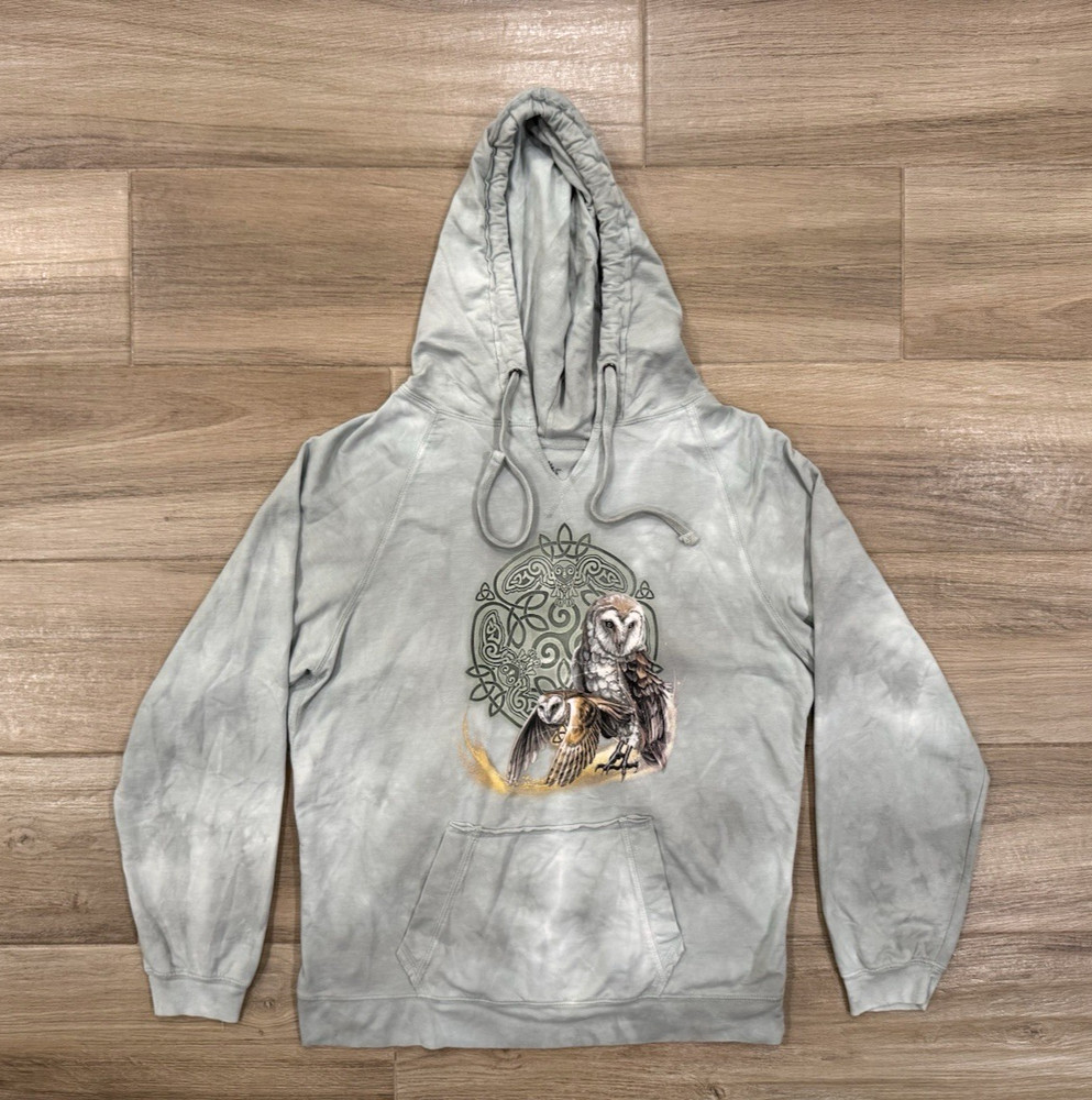 The Mountain Owl Hoodie LARGE Adult Green/Gray Nature Pullover Lightweight Y2K