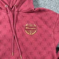 Champion Hoodie Mens Large Maroon Monogram Classic Fleece Leather Stripe