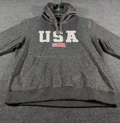 USA Embroidered Flag Logo Drawstring Pullover Hoodie Mens Medium Patriotic Gray