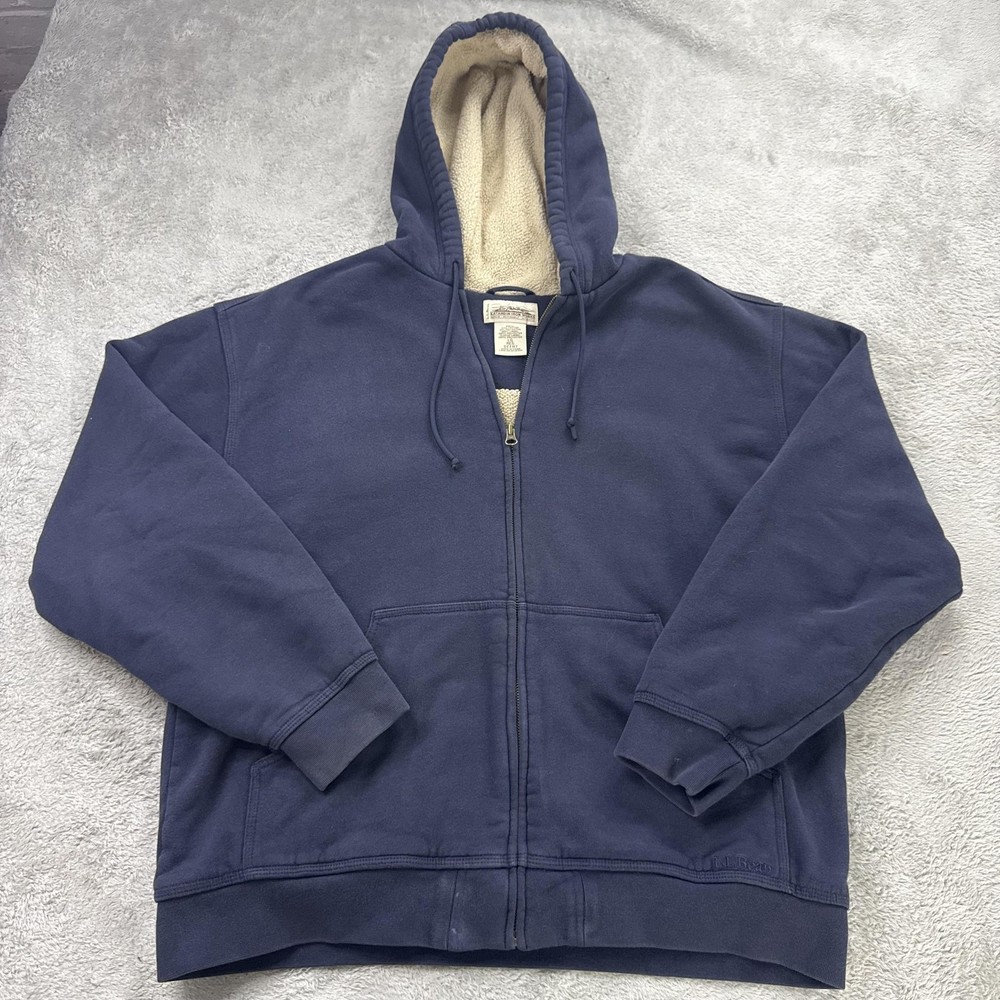 LL Bean Hoodie Mens Large Blue Katahdin Iron Works Full Zip Sherpa Lined Heavy