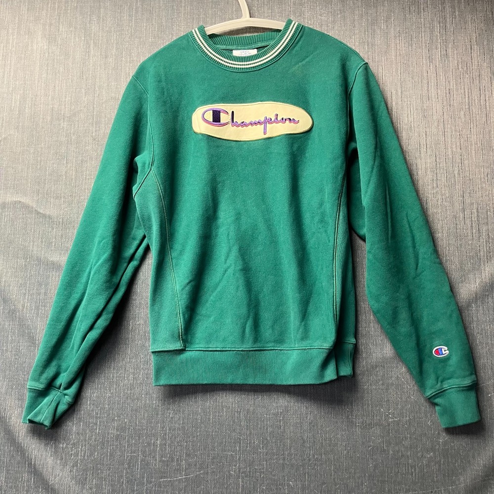 Champion Reverse Weave Men’s Sweatshirt Size S Green Round Neck Patch Logo