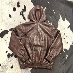 Men’s Brown Crocodile Print Leather Pullover Hoodie Real Lambskin Hoodie