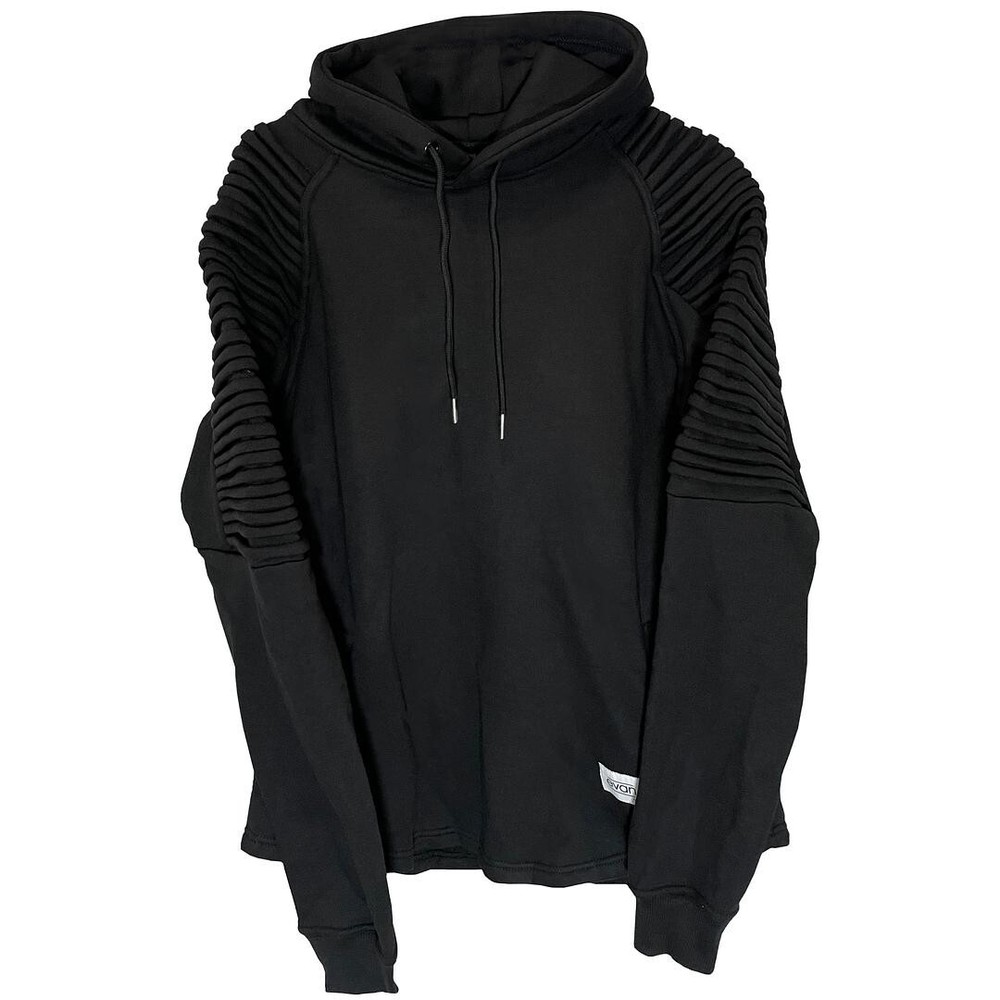 evan37 Warrior Thick Black Sweep Cut Hem Pleated Detailing Sleeves Hoodie Size L