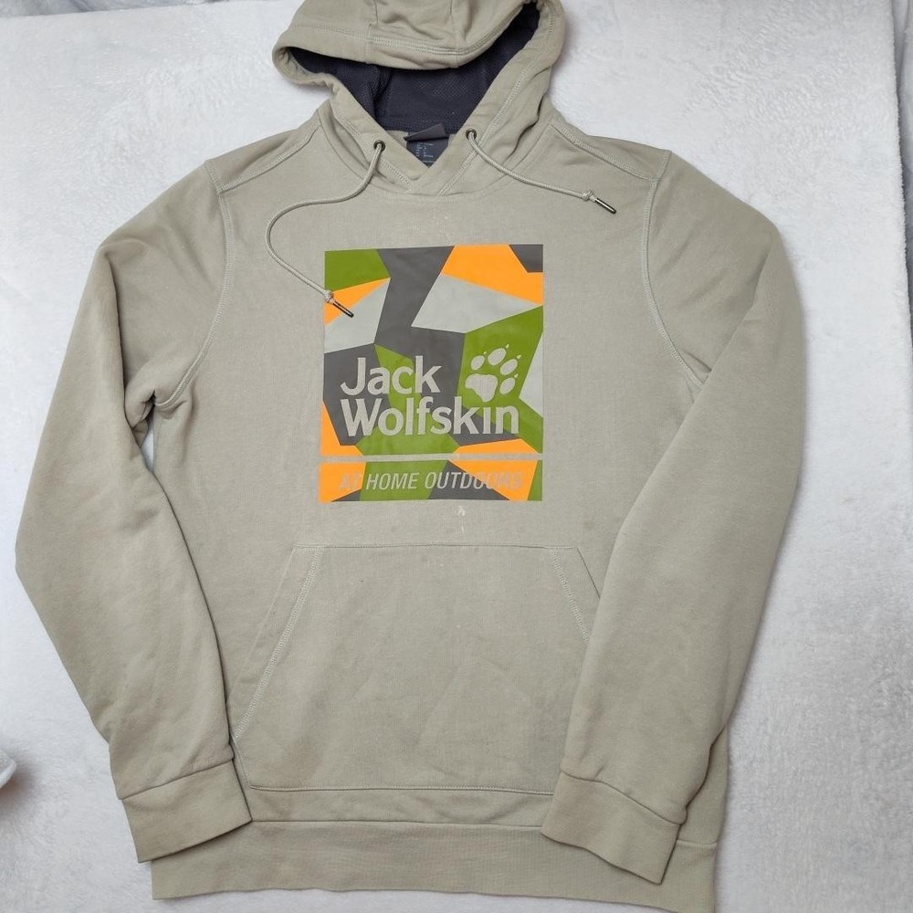 Jack Wolfskin Hoodie Mens Large Beige Pullover Hooded Pockets Lined Graphic