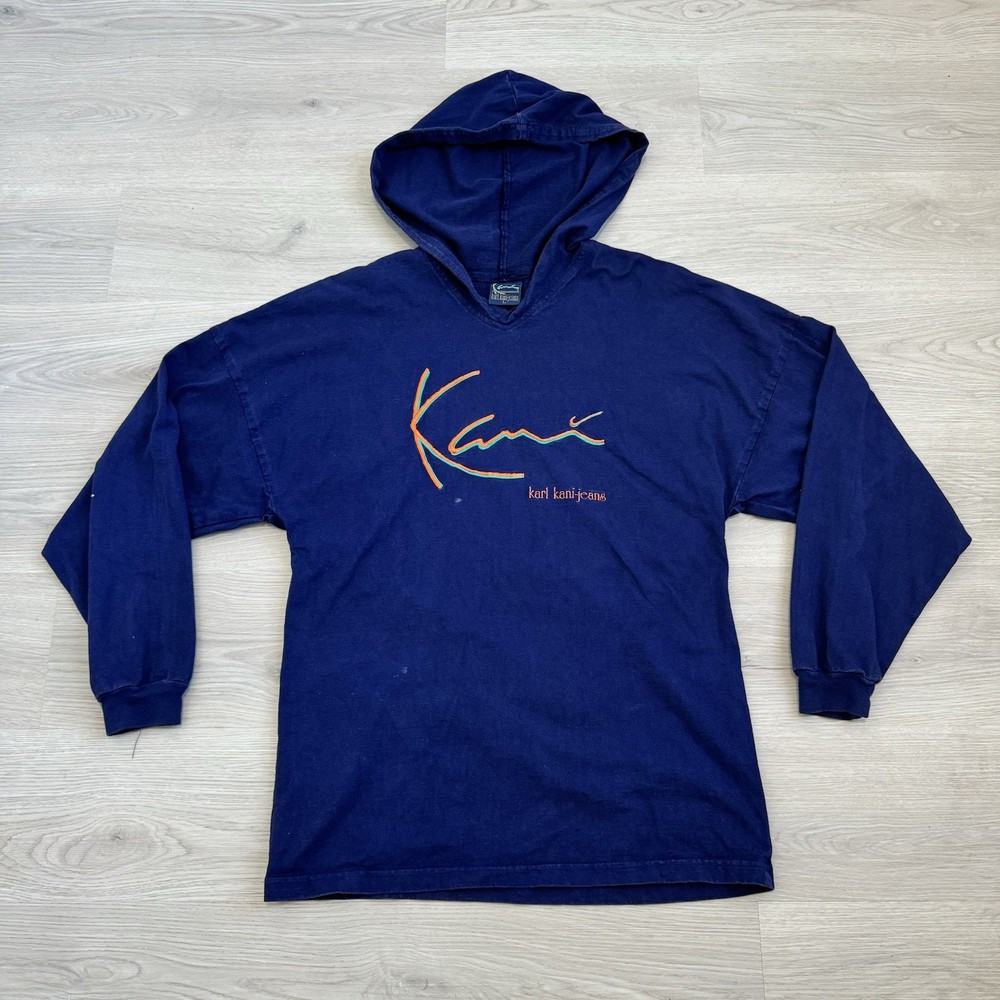 Vintage Karl Kani Hoodie Pullover 90s Hip Hop Blue/Purple Size L Script Tupac