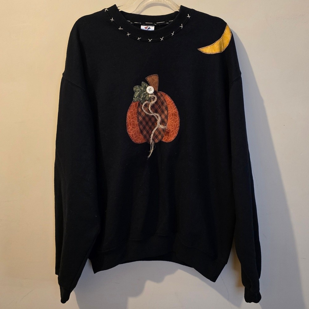 Jerzees Black Fall Pumpkin Moon Acorn Applique Sweatshirt Crewneck Mens Medium