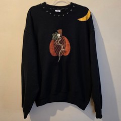 Jerzees Black Fall Pumpkin Moon Acorn Applique Sweatshirt Crewneck Mens Medium