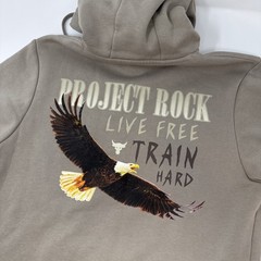 Under Armour Project Rock Mens Small Beige Hoodie Short Sleeve Back Logo