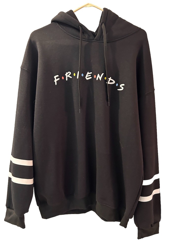 Friends Hoodie Size L Solid Black White Stripes TV Show 90s Comedy Logo
