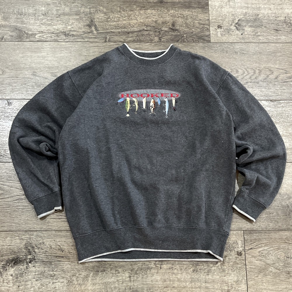 Vintage 90s M&C Sports “HOOKED” Fishing Lure Gray Sweatshirt – Men’s Large