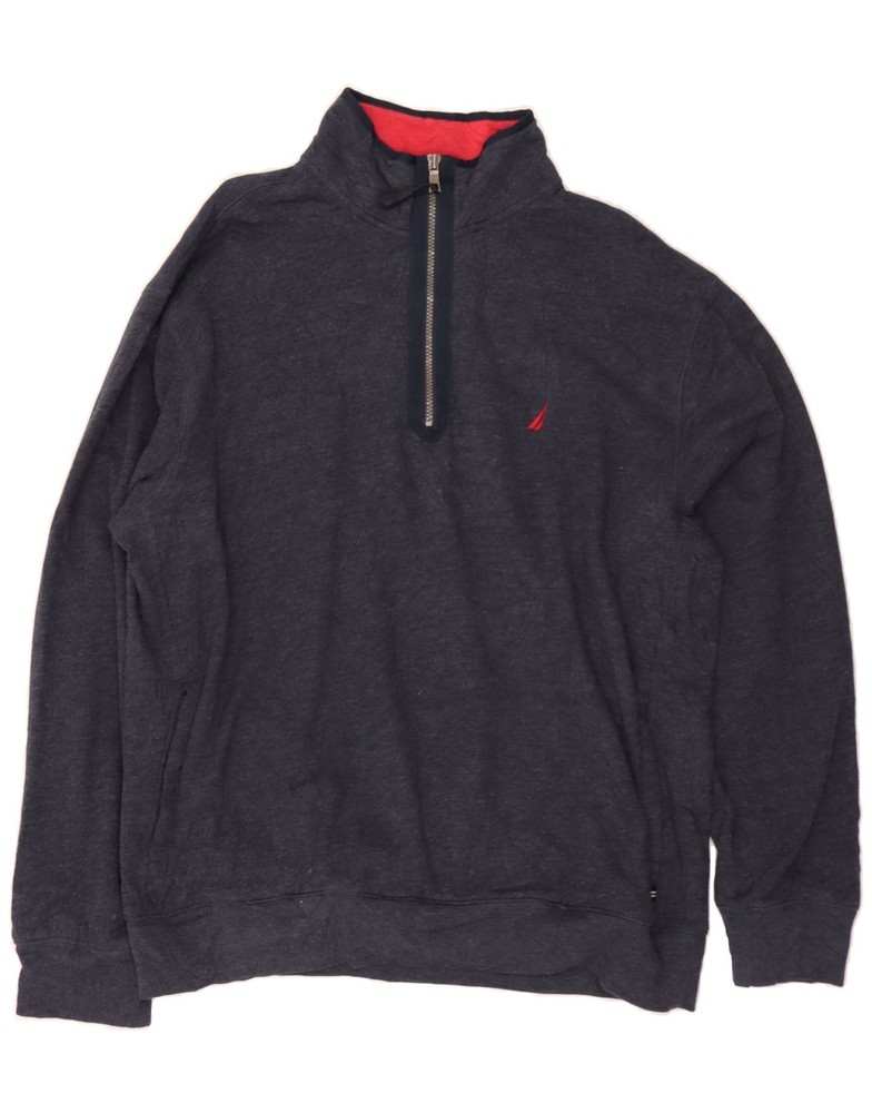NAUTICA Mens Zip Neck Sweatshirt Jumper XL Navy Blue Flecked Cotton DI88