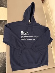 Navy Blue Fleece Pullover Hoodie Size LARGE Graphic BRUH Gildan Heavy Blend