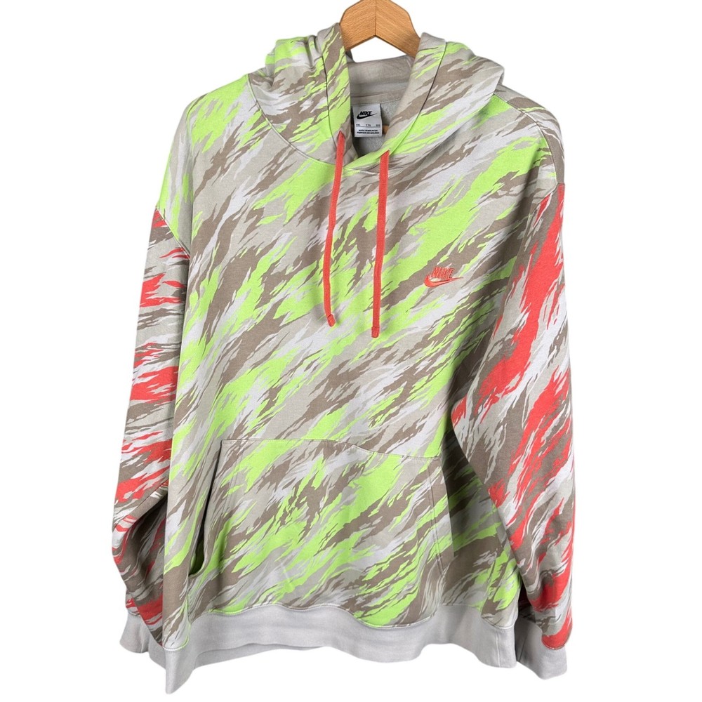 Nike Mens XXL Tiger Stripe Camo Hoodie Green Orange Pullover Fleece Sweatshirt