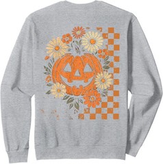 Boho Floral Fall Pumpkin Retro Checkered Halloween Unisex Crewneck Sweatshirt