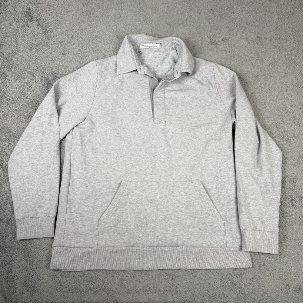 Criquet Sweatshirt Mens L Gray Collared Fleece Pullover Kangaroo Pocket Stretch
