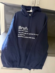 Navy Blue Fleece Pullover Hoodie Size LARGE Graphic BRUH Gildan Heavy Blend