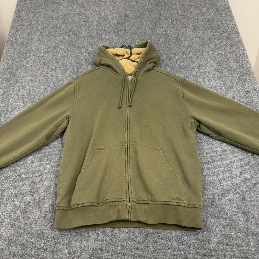 LL Bean Hoodie Mens Medium Green Cotton Polyester Sherpa Lined Full Zip Gorpcore
