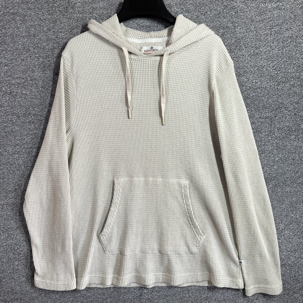 Rainforest Hoodie Mens L Waffle Knit Cream Oatmeal Thermal Pullover Stretch