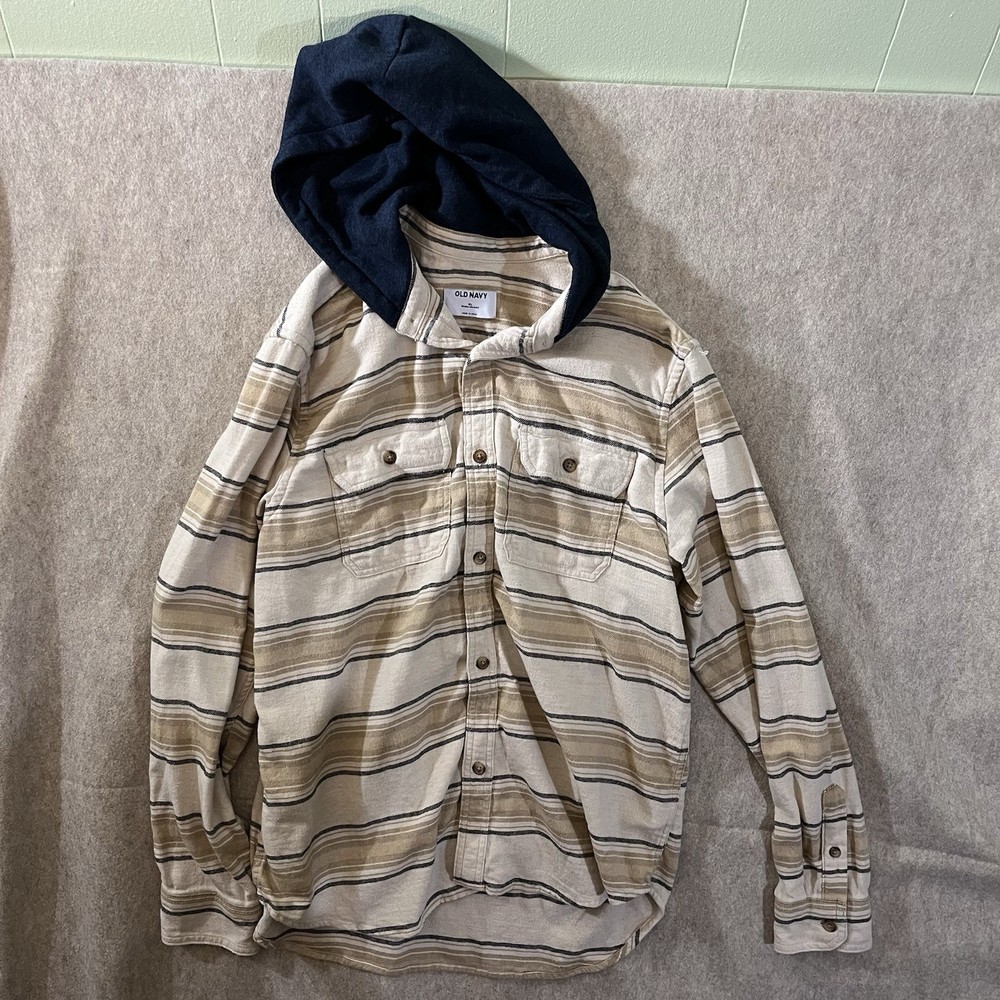 Old Navy Men’s XL Hooded Pullover Hoodie Button Front Striped Beige/Navy
