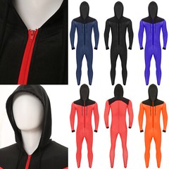 Men Hooded Pajamas Jumpsuit Sleepwear Bodysuit Mesh Nightwear Front Zipper Sexy
