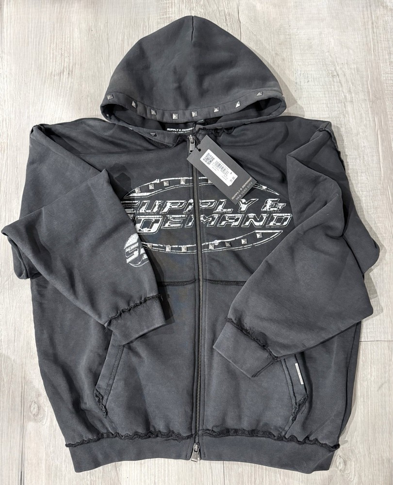 Supply & Demand Men’s M Gray Studded Full Zip Hoodie NYC Graphic Logo Pockets