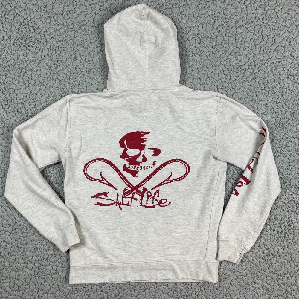 Salt life Hoodie Mens Small Gray Skull & Hooks Fishing Logo Drawstring *Flaw