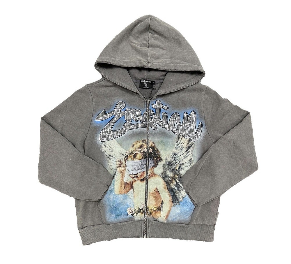 Emotion Gray Full Zip Fleece Hoodie Angel Graphic Print Men’s Size