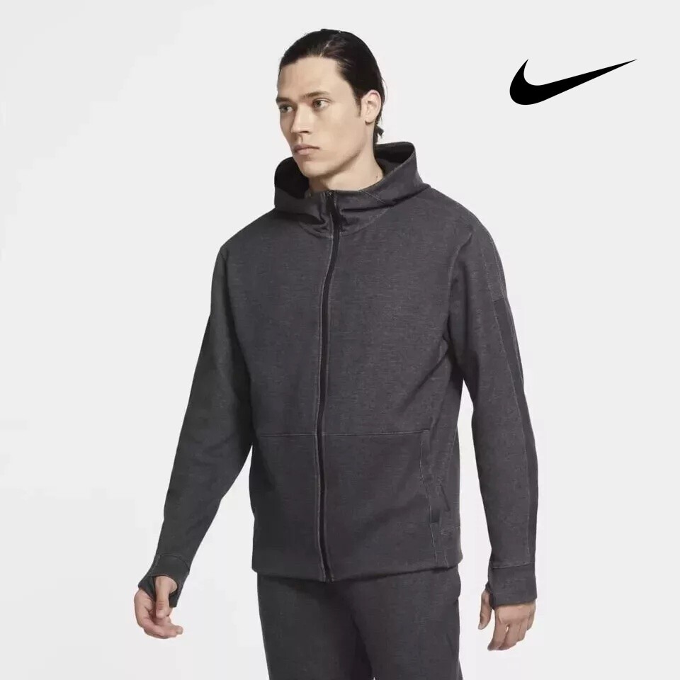 Nike Dri-FIT Yoga Mens Full Zip Hoodie Thumbholes Midweight Jacket Black Large