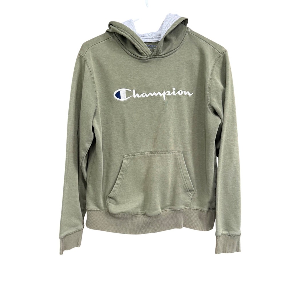 Champion Hoodie Kids Pullover Sweatshirt Olive Green Gray Lined XL Extra Large