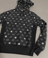 Champion Reverse Weave Hoodie Small Black White All Over Print Logo AOP Modern