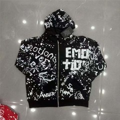 Mixed Emotion – Printed Lettering Print Zippered Hooded Sweatshirt