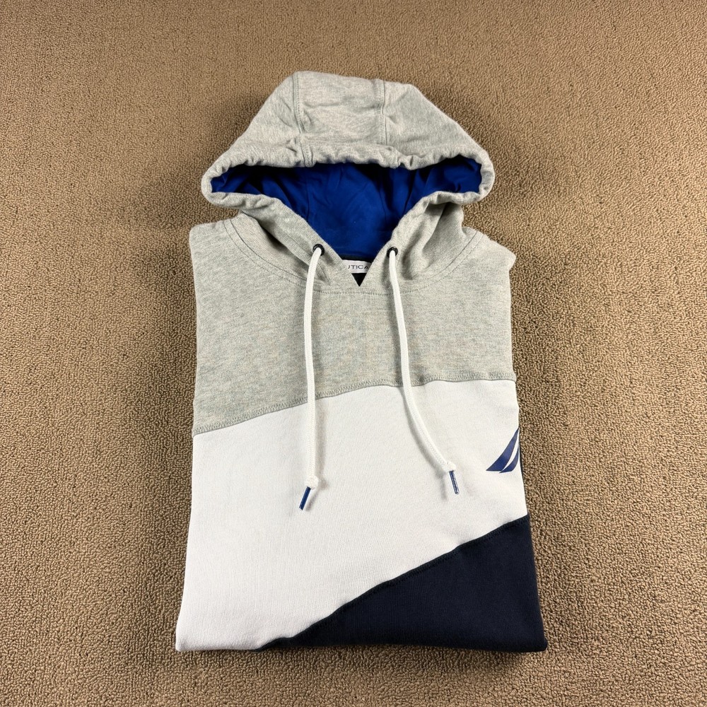 Nautica Long Sleeve Hoodie Sweatshirt Gray White Blue Color Block Size XXL
