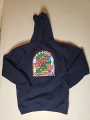 Voodoo Doughnut Men’s L Blue Graphic Logo Pullover Hoodie Pockets Drawstring