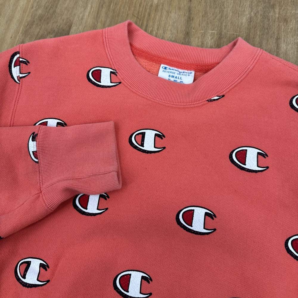 Champion Reverse Weave Long Sleeve Crew Neck Sweatshirt Men’s S Coral Pink Logos