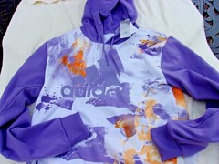 NWT Adidas hooded pullover, men’s M, purple and multi color, $65, 100% polyester