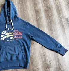 Superdry Japan Logo Hoodie Blue Graphic Pullover Sweatshirt Large