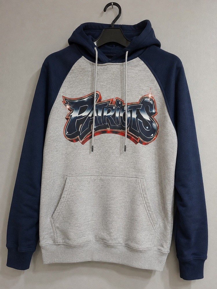 Men’s Gray & Blue Pullover Hoodie Drawstring Pockets “Patriots” Graphic