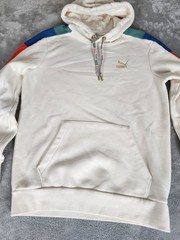 PUMA Logo Colorblock Pullover Fleece Hoodie w/ Pockets White Men Size S