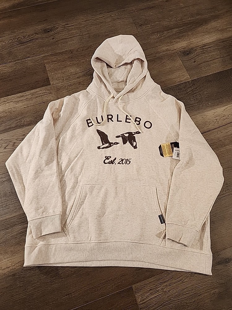 BURLEBO Men’s XL Fleece Hoodie Soft Midweight Pullover Oatmeal Ducks Graphics