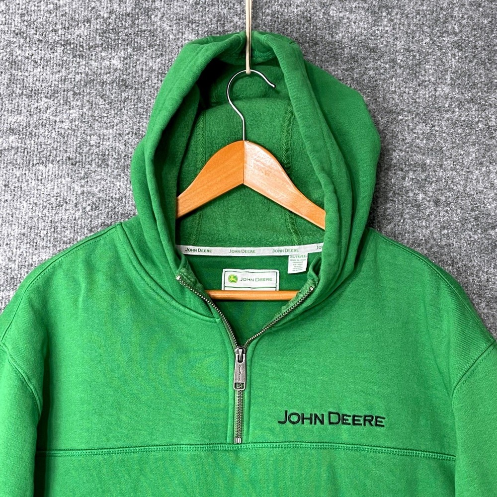 John Deere Mens Green Quarter Zip Hoodie Embroidered Logo Sweatshirt XL Farmcore