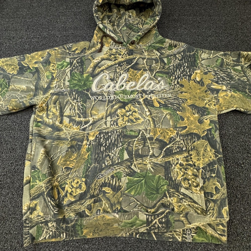 Cabela’s Hoodie Mens XL Green Pullover Camouflage Embroidered Logo Lined Pockets